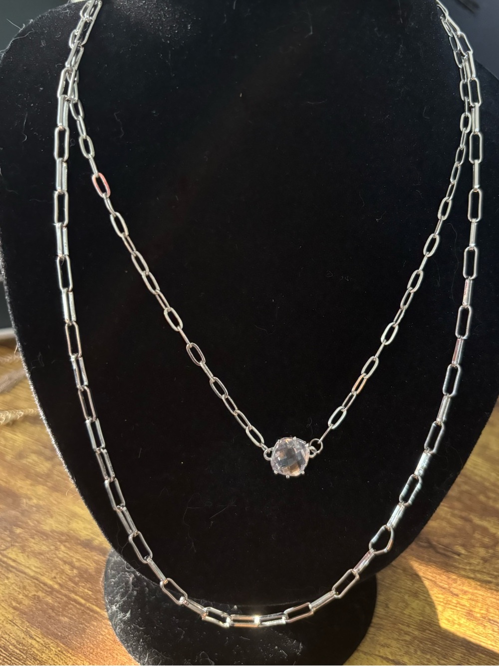 Silver Tone Chain Necklace Round Crystal Pendant  Lobster Clasp Adjustable